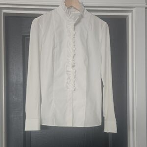 Akris Punto White Cotton Poplin And Elastane Ruffled Button Down Size 8